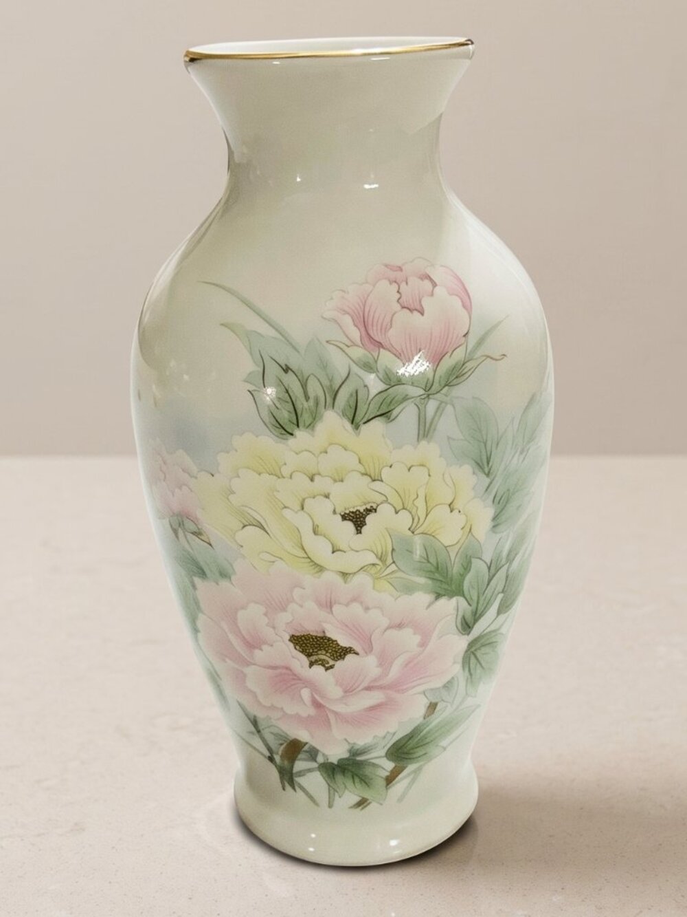 Vintage Interpur Japan Porcelain Floral Vase Pink Yellow Flowers Gold Rim 6"